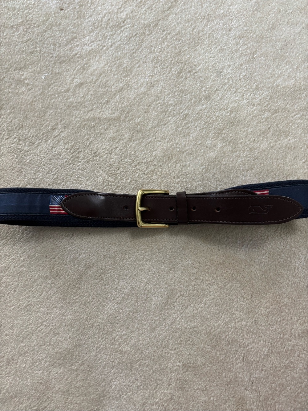 Vineyard Vines Navy Ribbon Belt with Brown Leather & Brass Buckle size 30